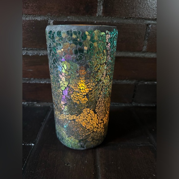 8” Iridescent glass mosaic teal flickering flameless candle - Picture 3 of 7